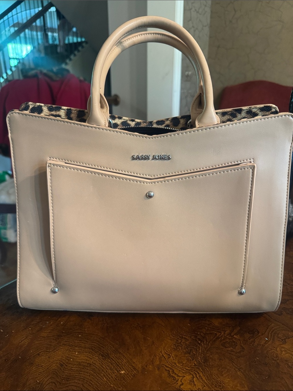 New Sassy Jones Cream Satchel with Leopard Interior Trim